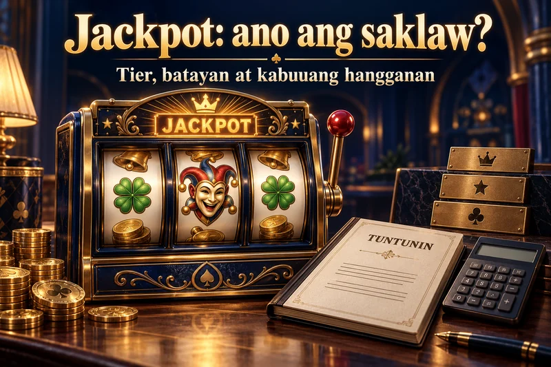 Conceptual jackpot slot with joker and clover symbols beside a rules booklet and calculator