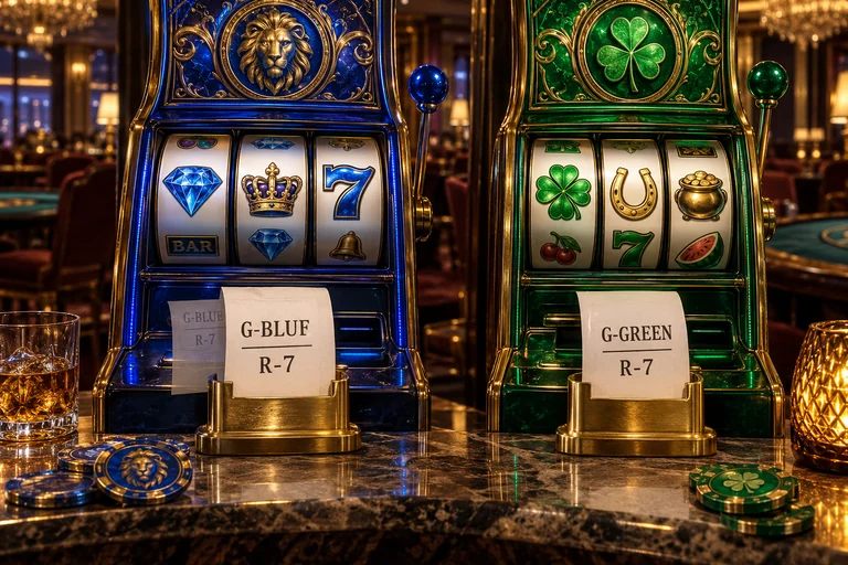 Blue and green slot cabinets each carry a distinct game receipt labelled R-7, with a faint duplicate of the Blue receipt.