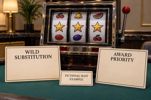Unbranded slot machine and teaching plaques labelled WILD SUBSTITUTION and AWARD PRIORITY