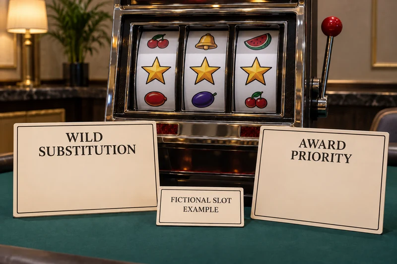 Unbranded slot machine and teaching plaques labelled WILD SUBSTITUTION and AWARD PRIORITY