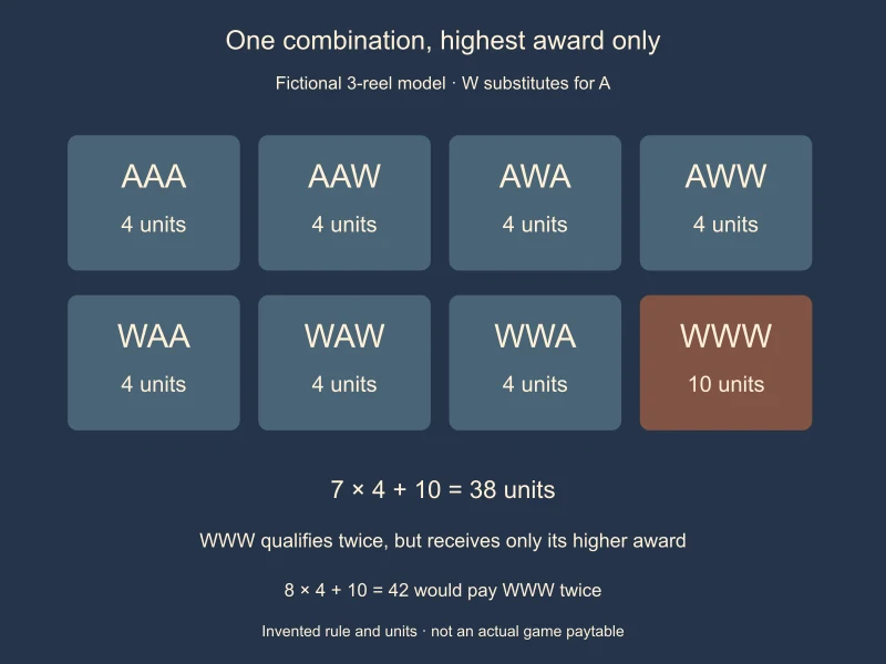 Eight fictional A and W combinations: seven pay four units; WWW pays ten under the highest-award-only rule, making 38 units