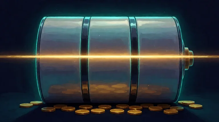 A single gold line of light runs straight through a glassy slot reel drum on a dark navy stage, with gold coins at its base.