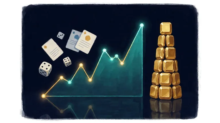 A glowing golden line of rising multipliers across a dark navy field, with gem icons along the curve and a cash-out marker near the top.