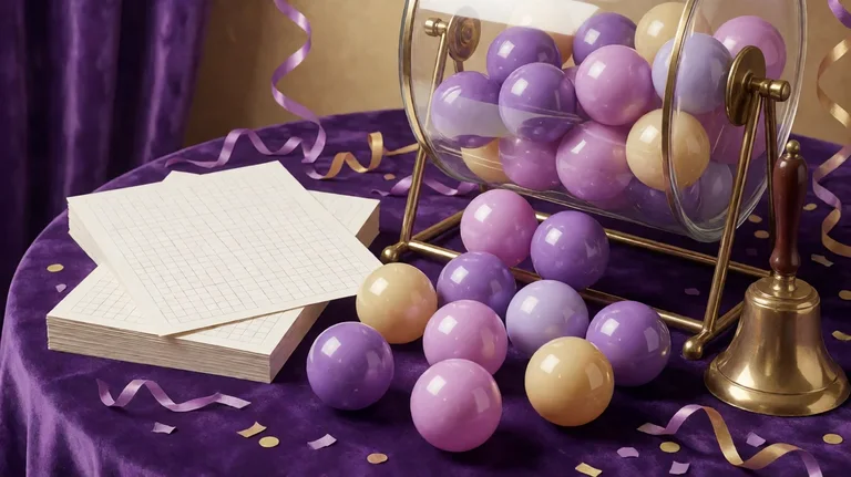 A glass lottery drum spilling glossy purple, pink and cream balls onto a purple velvet table beside blank grid cards and a brass bell