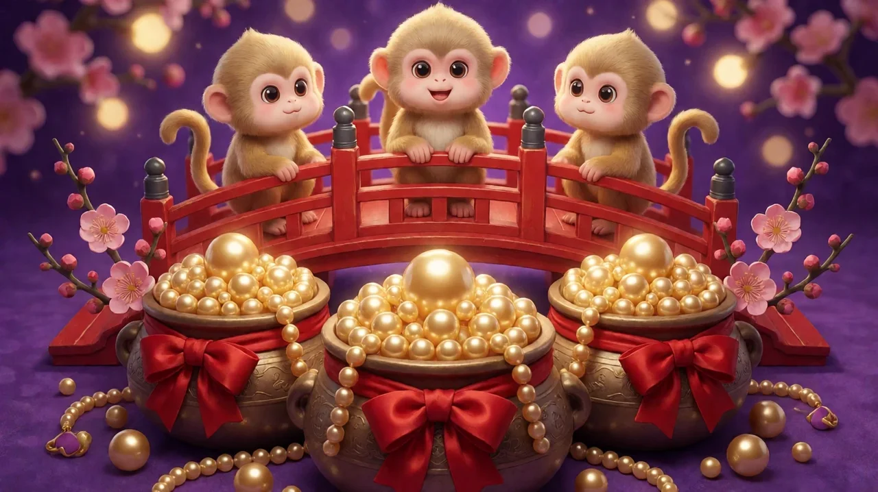 Three cartoon monkeys on a red lacquered bridge above three bronze pots overflowing with golden pearls and tied with red ribbons, among plum blossoms on a purple background