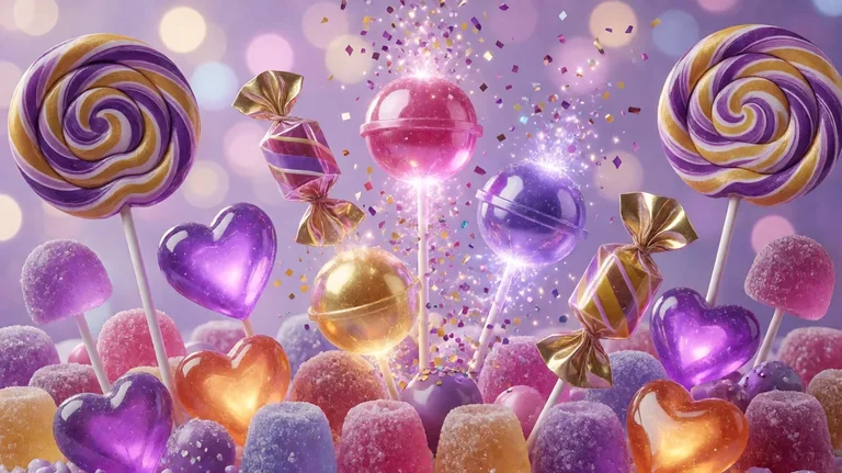 Giant purple and gold swirl lollipops, glowing heart-shaped candies, gold-wrapped sweets and three shiny candy spheres in pink, violet and gold bursting with sugar confetti over a bed of sugared gumdrops