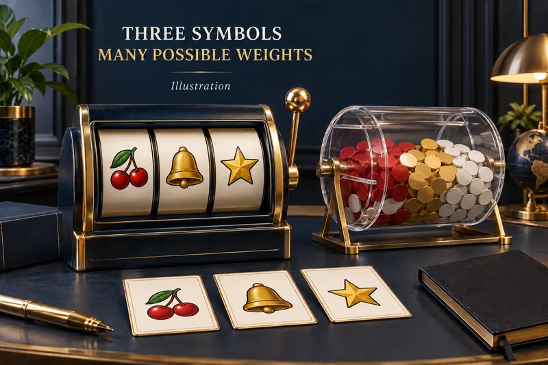 Illustrative slot cabinet with cherry, bell and star beside tokens representing an unspecified outcome mapping.