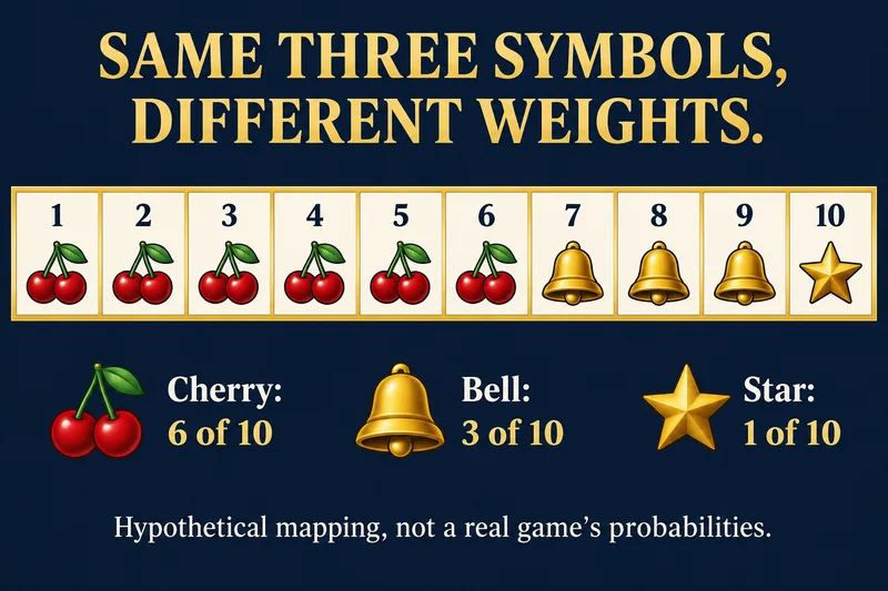 Ten equally likely integers map to six cherries, three bells and one star in an invented example.